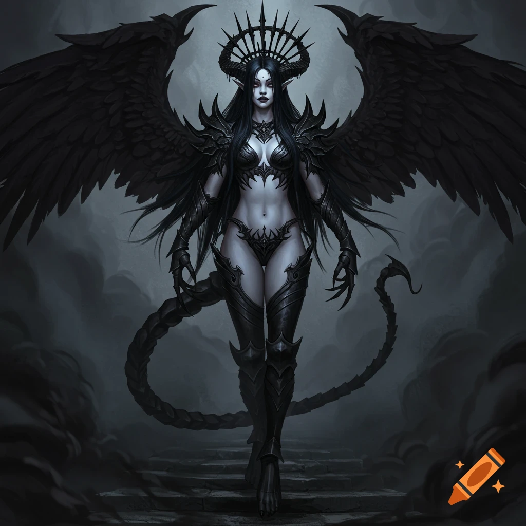 A dark fantasy illustration of a demonic woman with large black wings, a spiky crown, and a scorpion-like tail, standing in shadow.