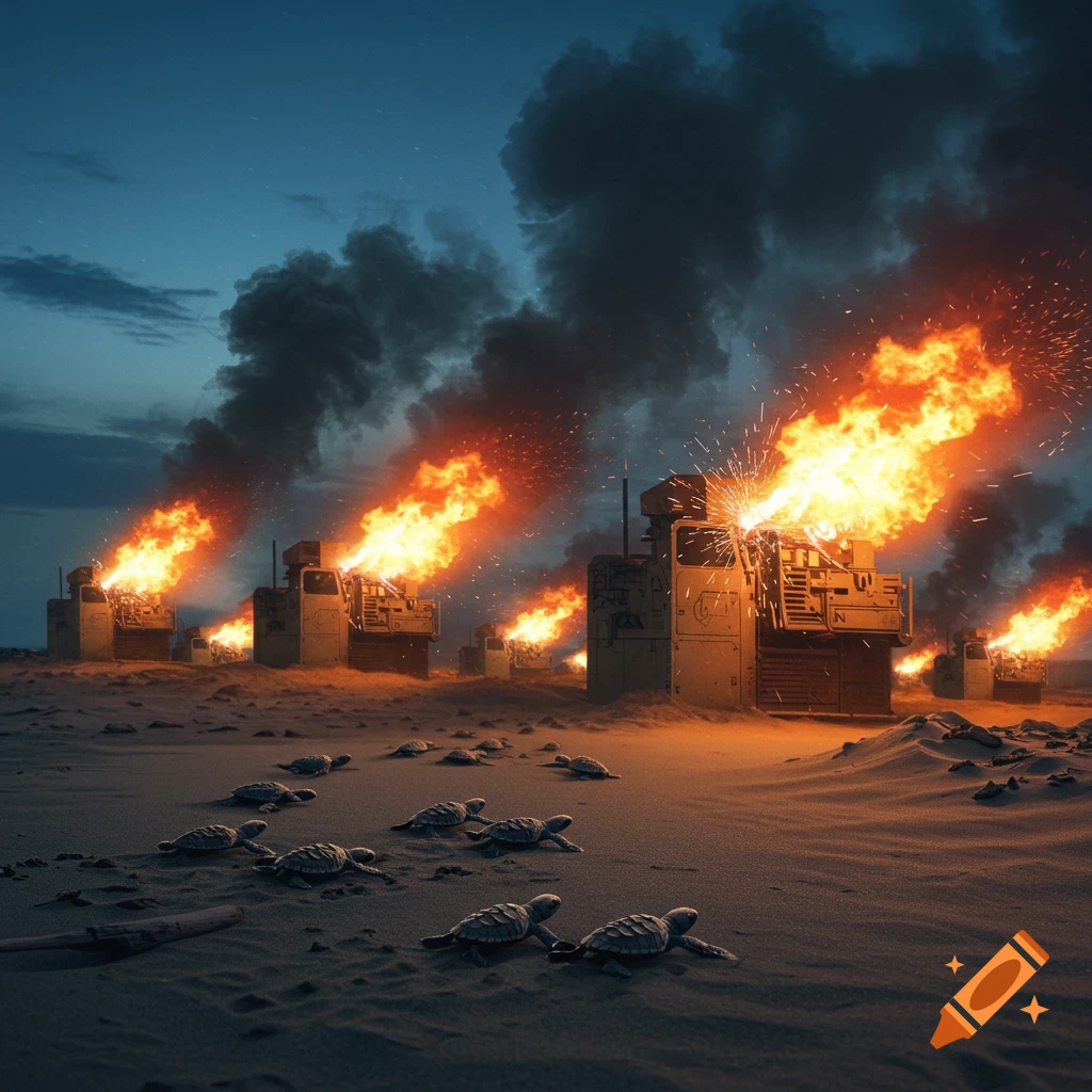 Baby sea turtles crawl across a sandy beach with large, burning industrial machines emitting flames and smoke under a dark sky.