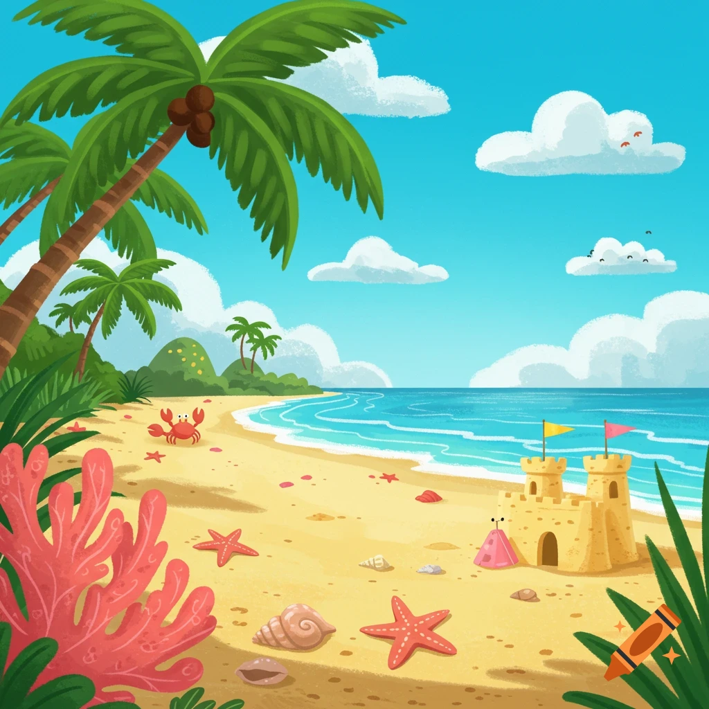 A vibrant cartoon illustration of a tropical beach with palm trees, a sandcastle, ocean waves, a crab, and seashells.