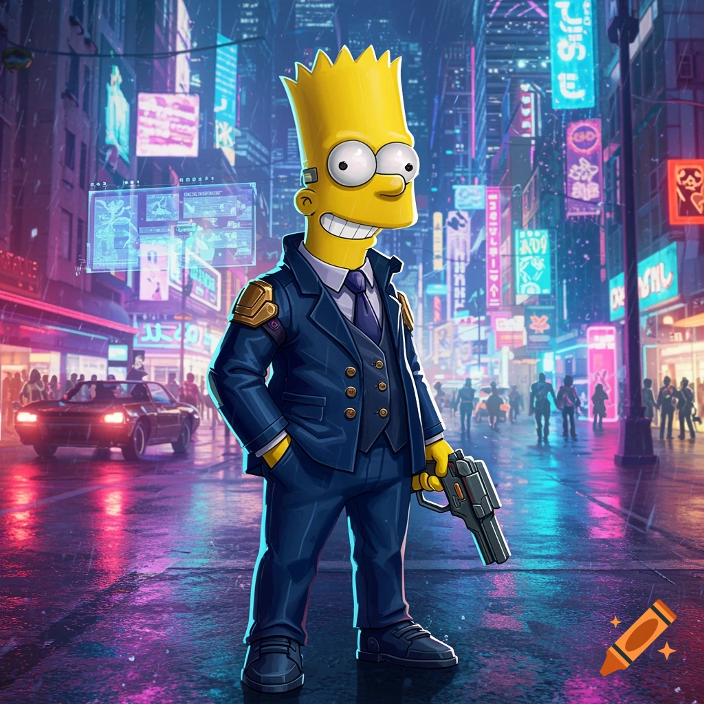 Bart Simpson in a dark suit with a gun standing on a wet, neon-lit cyberpunk street at night.