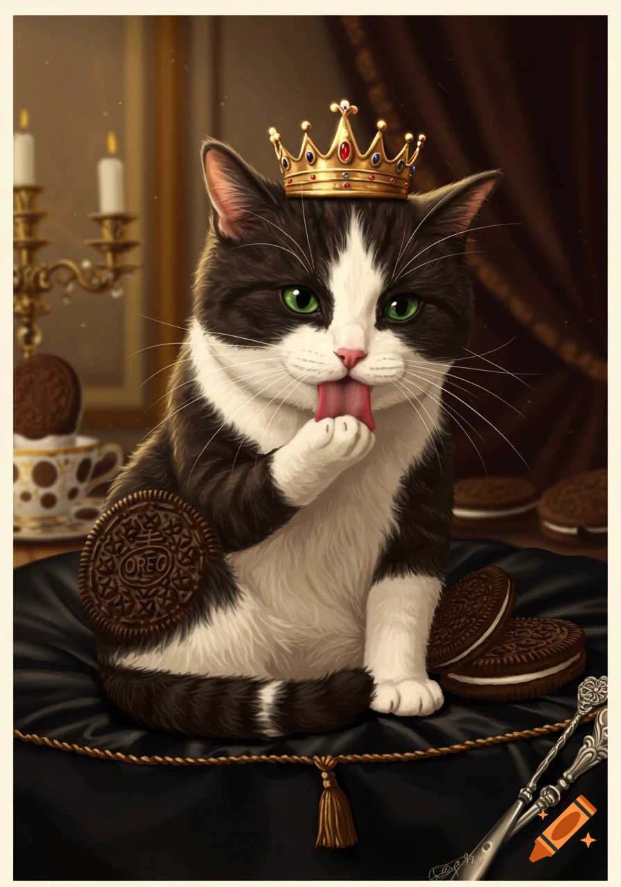 A black and white cat wearing a golden crown sits on a black cushion, licking its paw, surrounded by Oreo cookies.