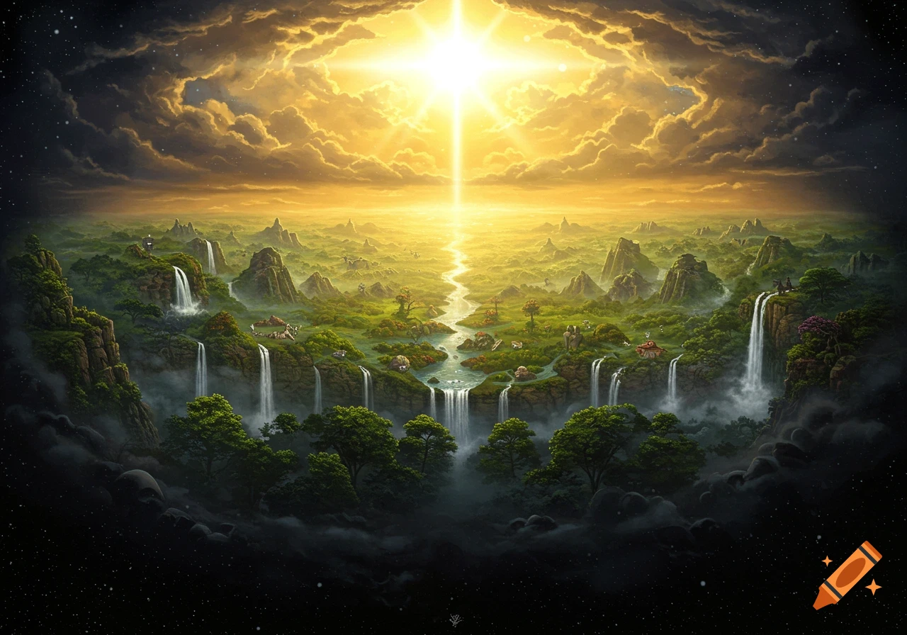 A breathtaking fantasy landscape with lush green mountains, waterfalls, and a winding river under a brilliant, golden light.
