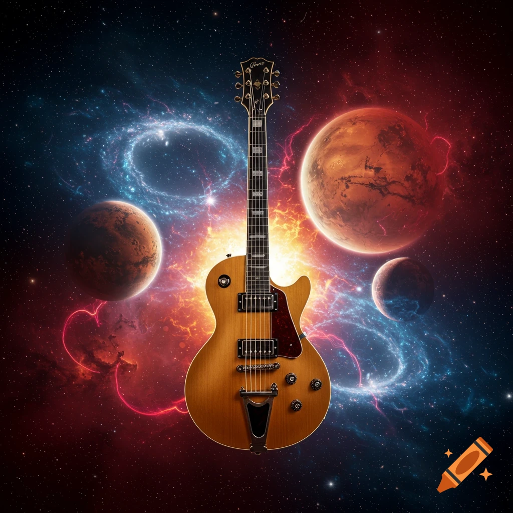 An electric guitar floats in deep space, surrounded by vibrant red and blue nebulae and several rocky planets.