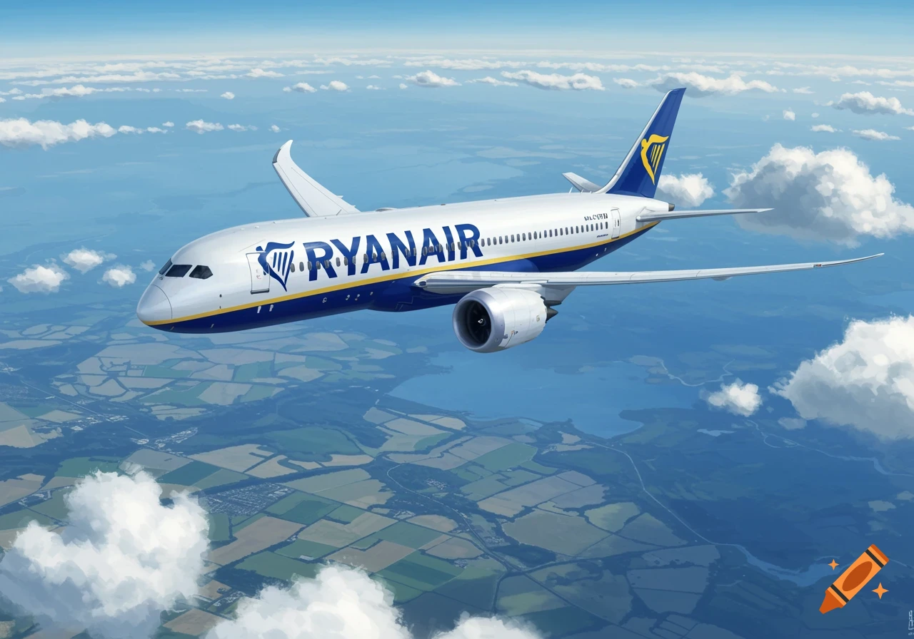 A Ryanair Boeing 787-9 airplane flies high above a patchwork landscape of green and brown fields under a blue sky with white clouds.
