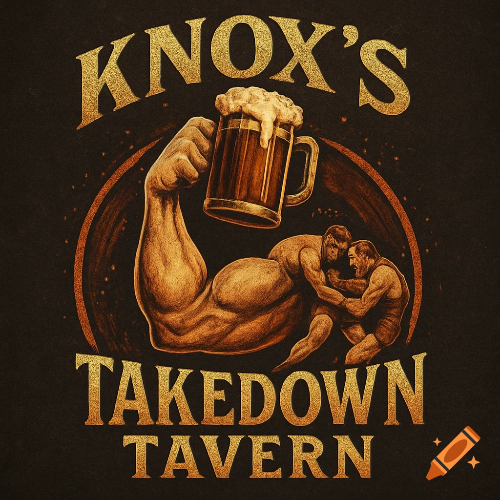 A vintage-style logo for 'KNOX'S TAKEDOWN TAVERN' featuring a muscular arm holding a beer mug, with two wrestlers grappling below, against a dark textured background.