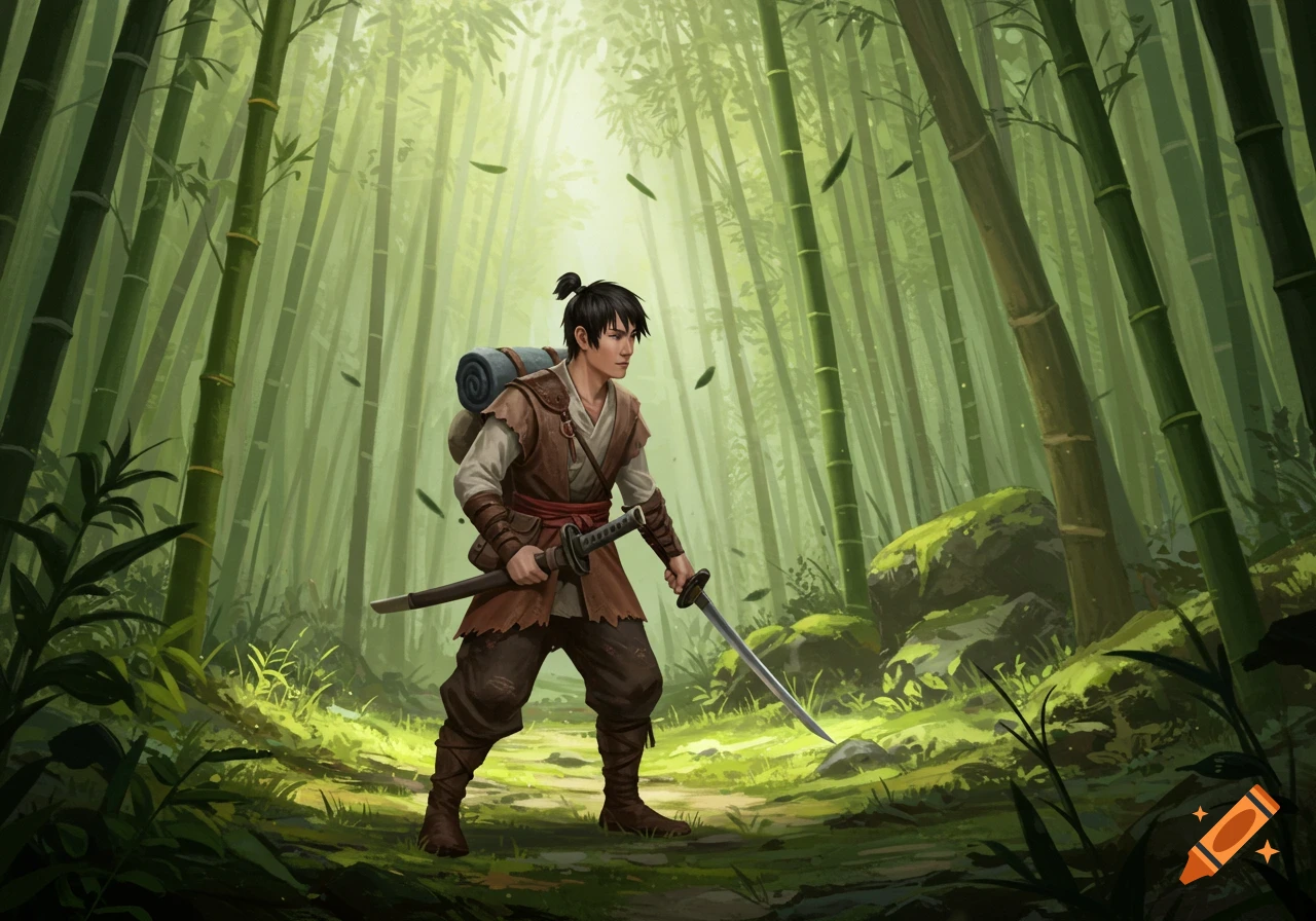 A young Asian swordsman with a backpack stands in a sunlit bamboo forest, holding a katana.