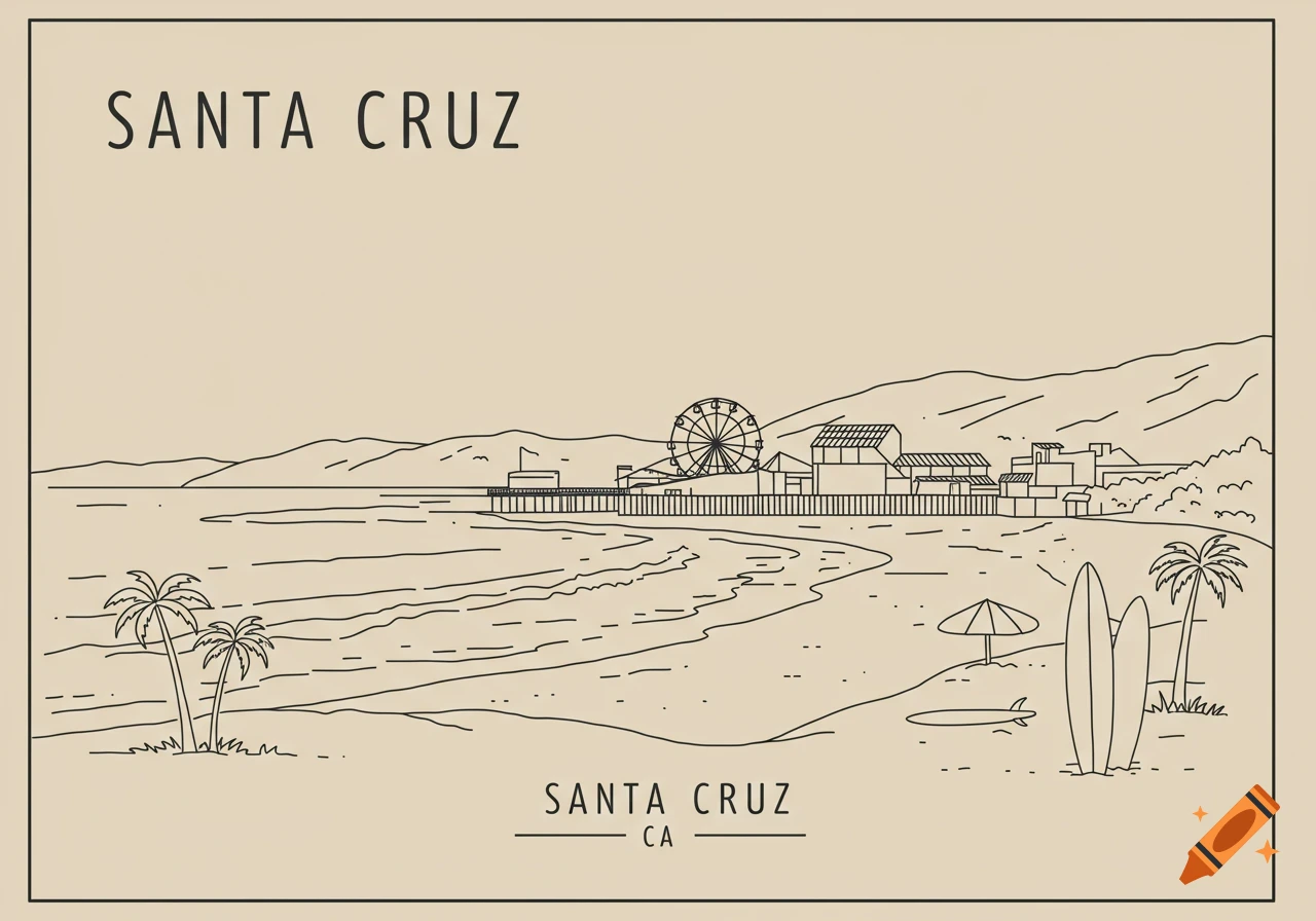 Line art illustration of Santa Cruz beach with a pier, Ferris wheel, and mountains in the background.