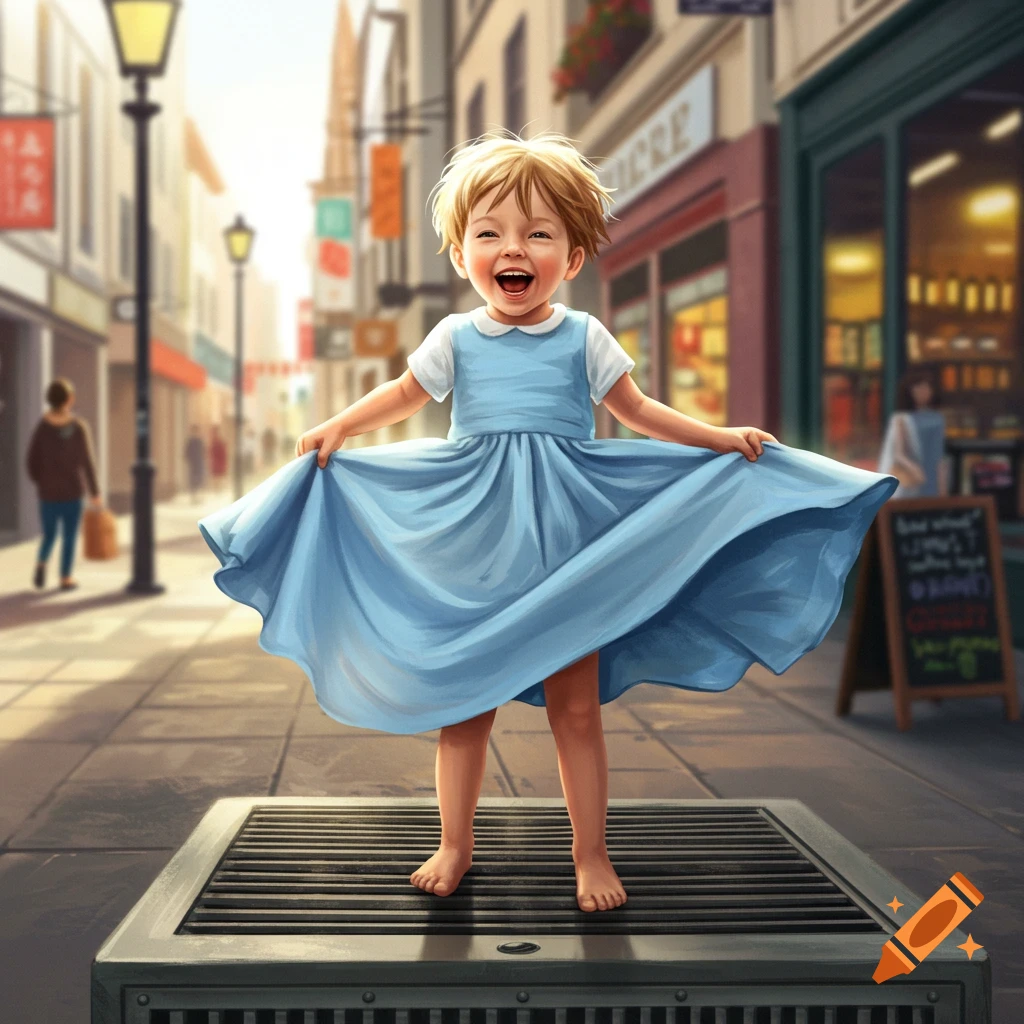 A joyful child in a blue dress stands on a grate, laughing with arms outstretched on a sunny city street.