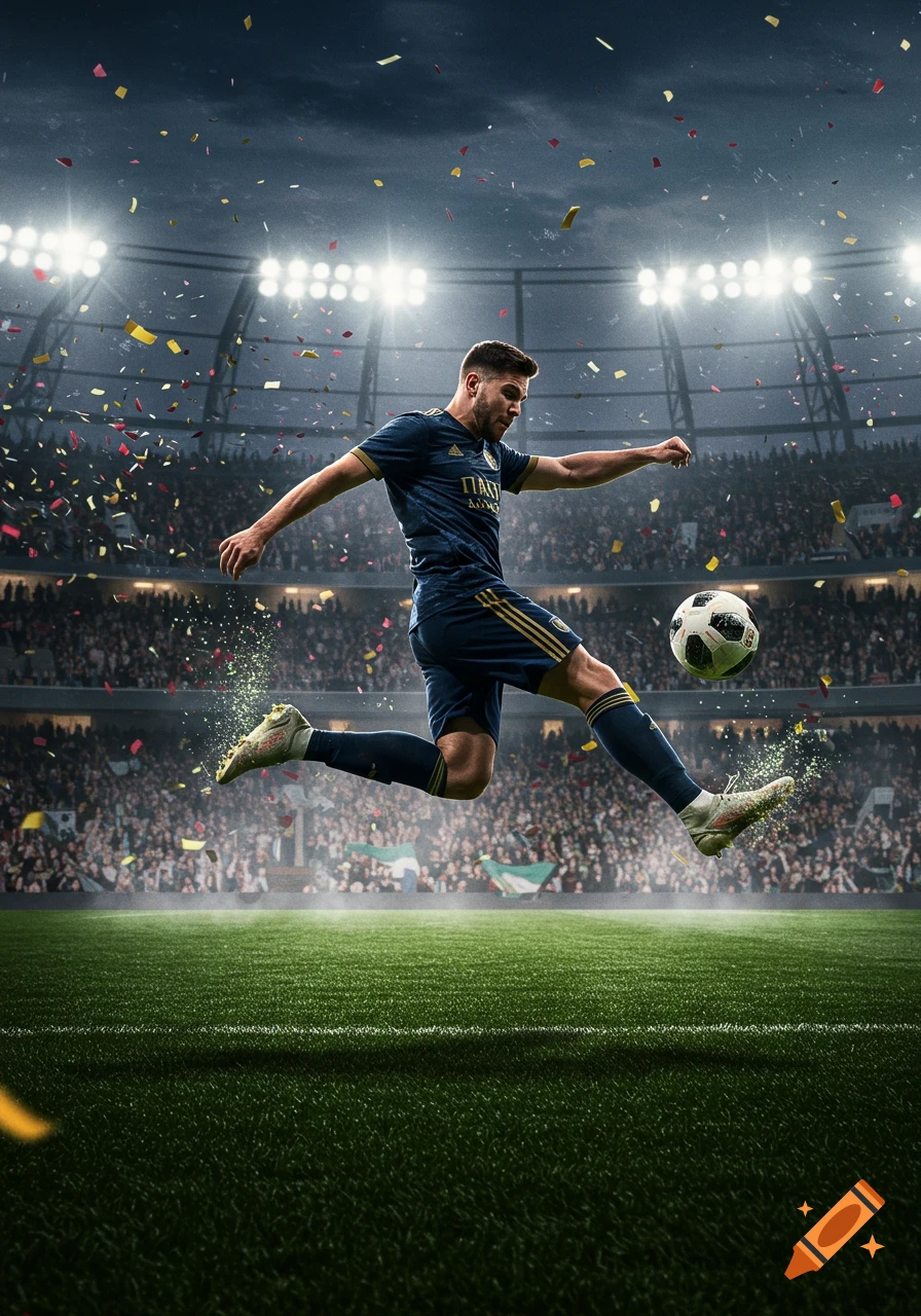 A male soccer player in a dark blue uniform jumps to kick a soccer ball in a stadium filled with spectators and confetti.