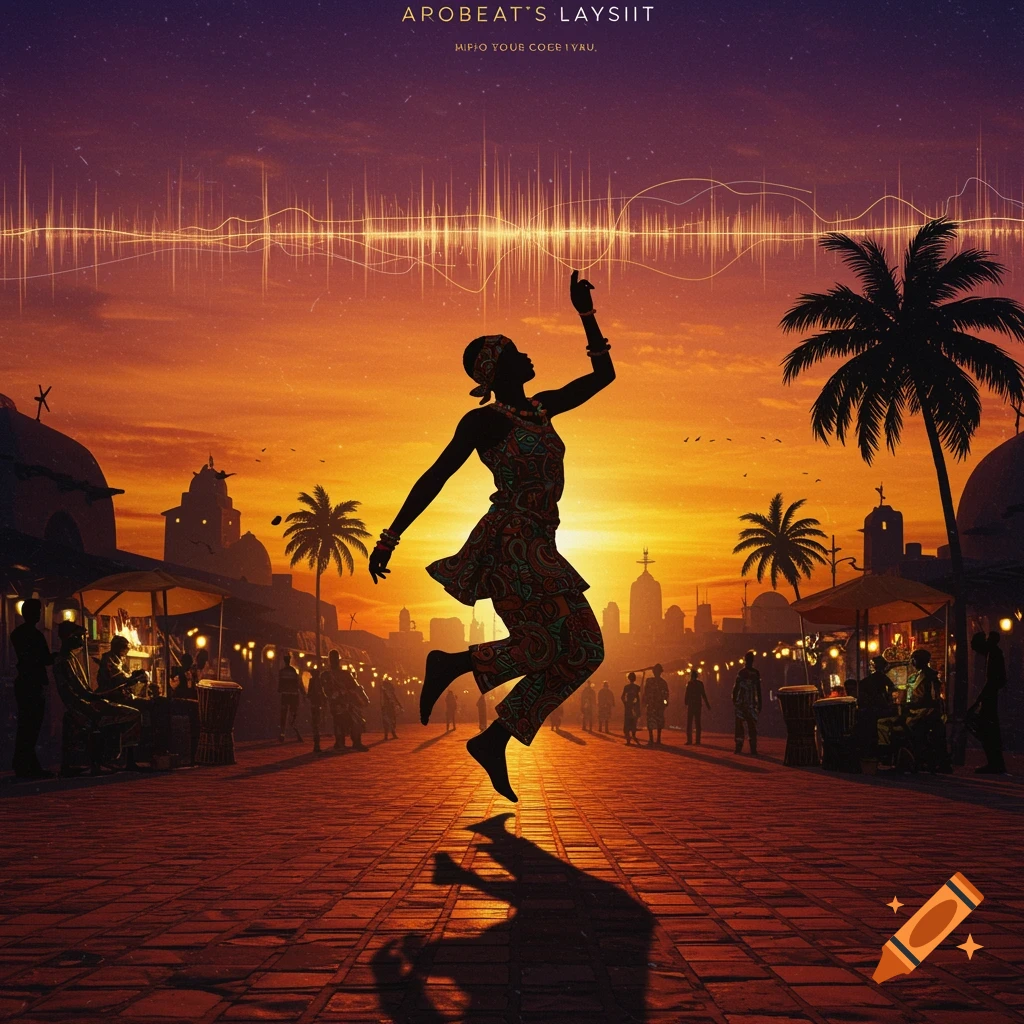 Silhouette of a person in traditional African attire dancing in a vibrant market square at sunset with soundwaves in the sky.