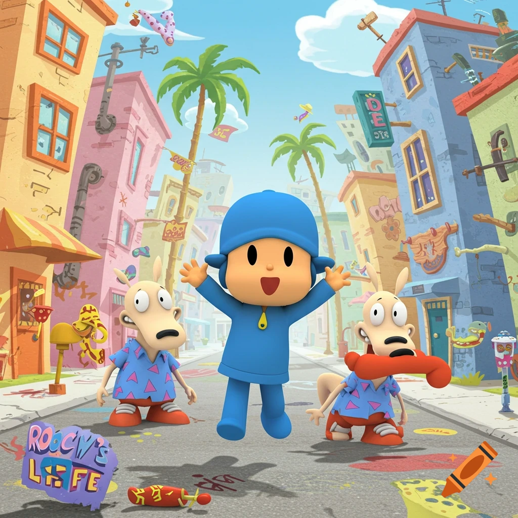 A colorful cartoon scene with Pocoyo floating above two anthropomorphic wallabies in a city street.