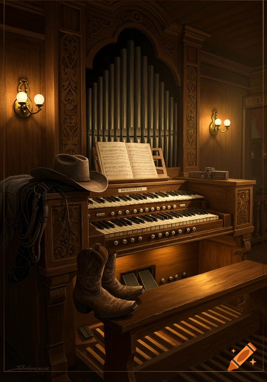A photorealistic image of a vintage wooden pipe organ with a brown cowboy hat, boots, and reins.