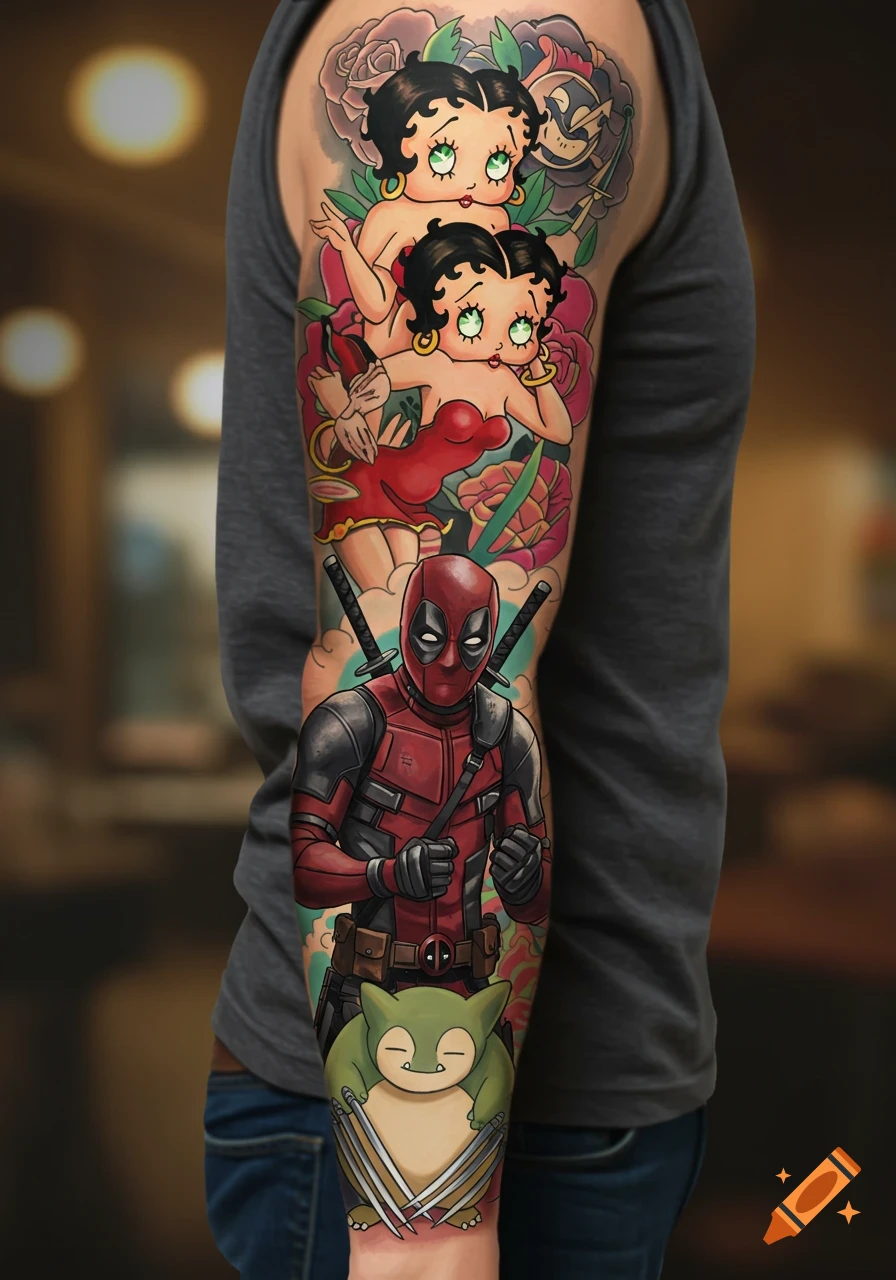 A person's arm with a colorful tattoo sleeve featuring Betty Boop, Deadpool, Wolverine, and Snorlax in a comic book style.