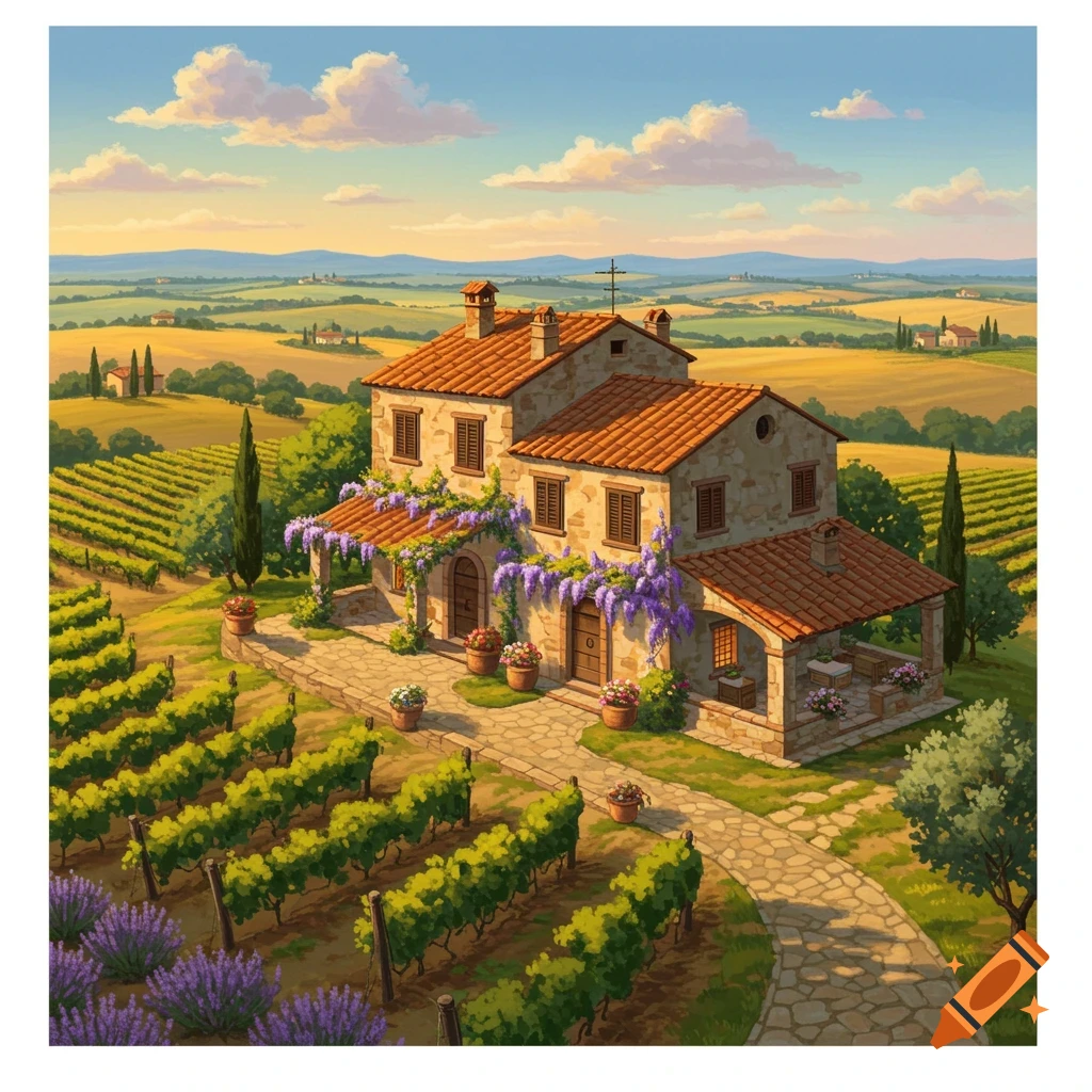 An idyllic illustrated scene of a stone Tuscan house nestled among green vineyards under a bright, cloudy sky.