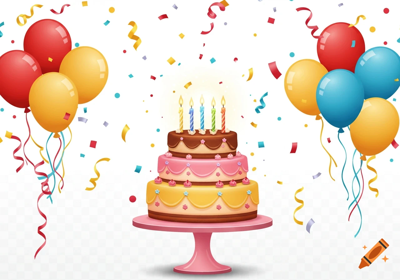 A colorful three-tier birthday cake with lit candles, balloons, and confetti.