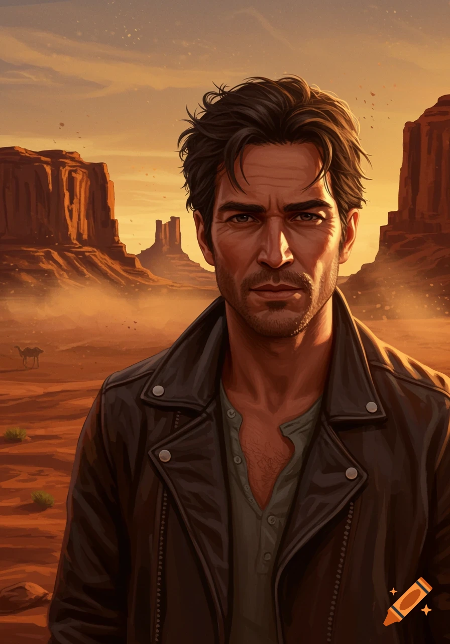 A rugged man with a dark leather jacket and stubble stands in a vast, sun-drenched desert landscape with rock formations.