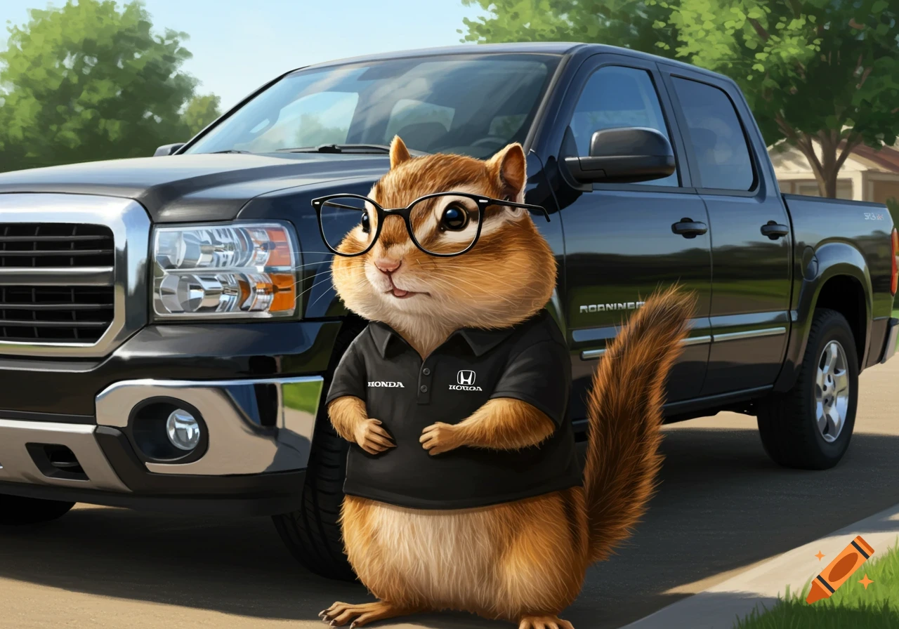 A cartoon chipmunk wearing glasses and a black Honda polo shirt stands beside a black pickup truck.