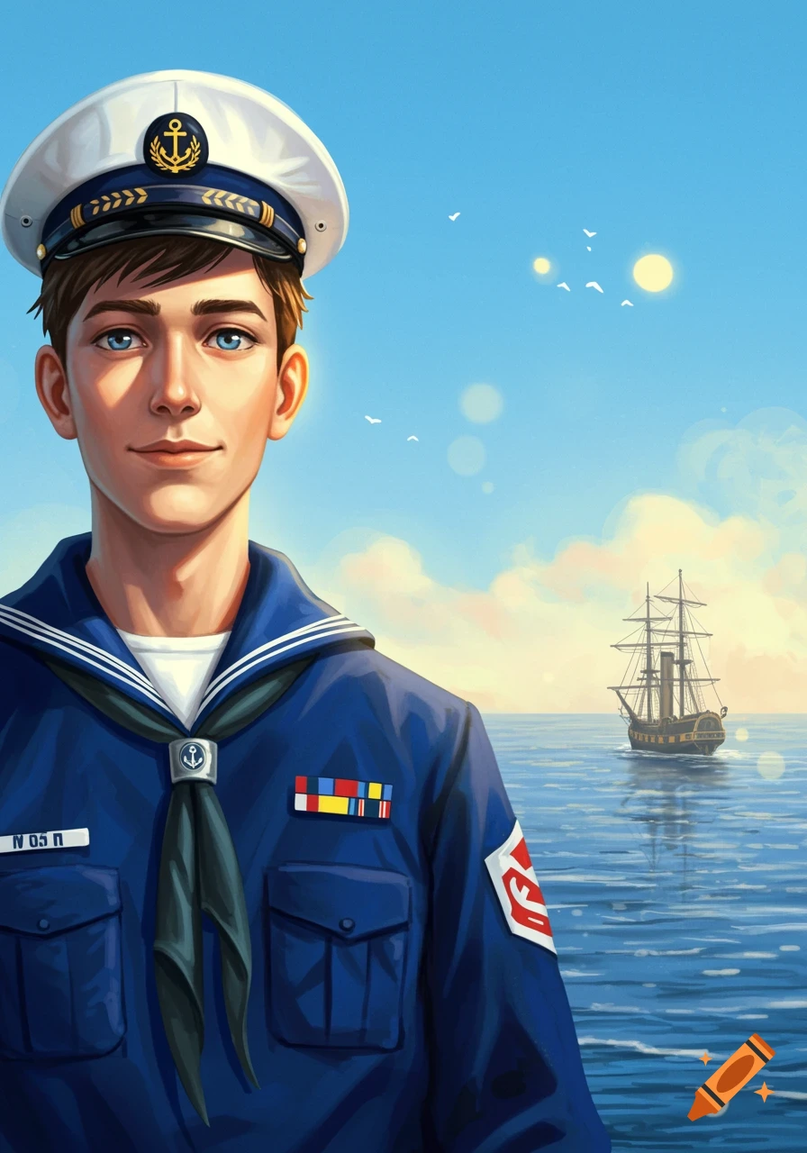 An illustration of a young man in a sailor uniform with a ship sailing on the ocean under a blue sky.