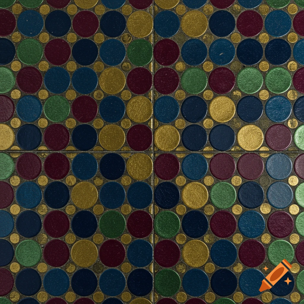 A close-up of a mosaic pattern composed of colorful dots in red, blue, green, and gold, arranged in a grid with smaller gold dots filling the spaces.