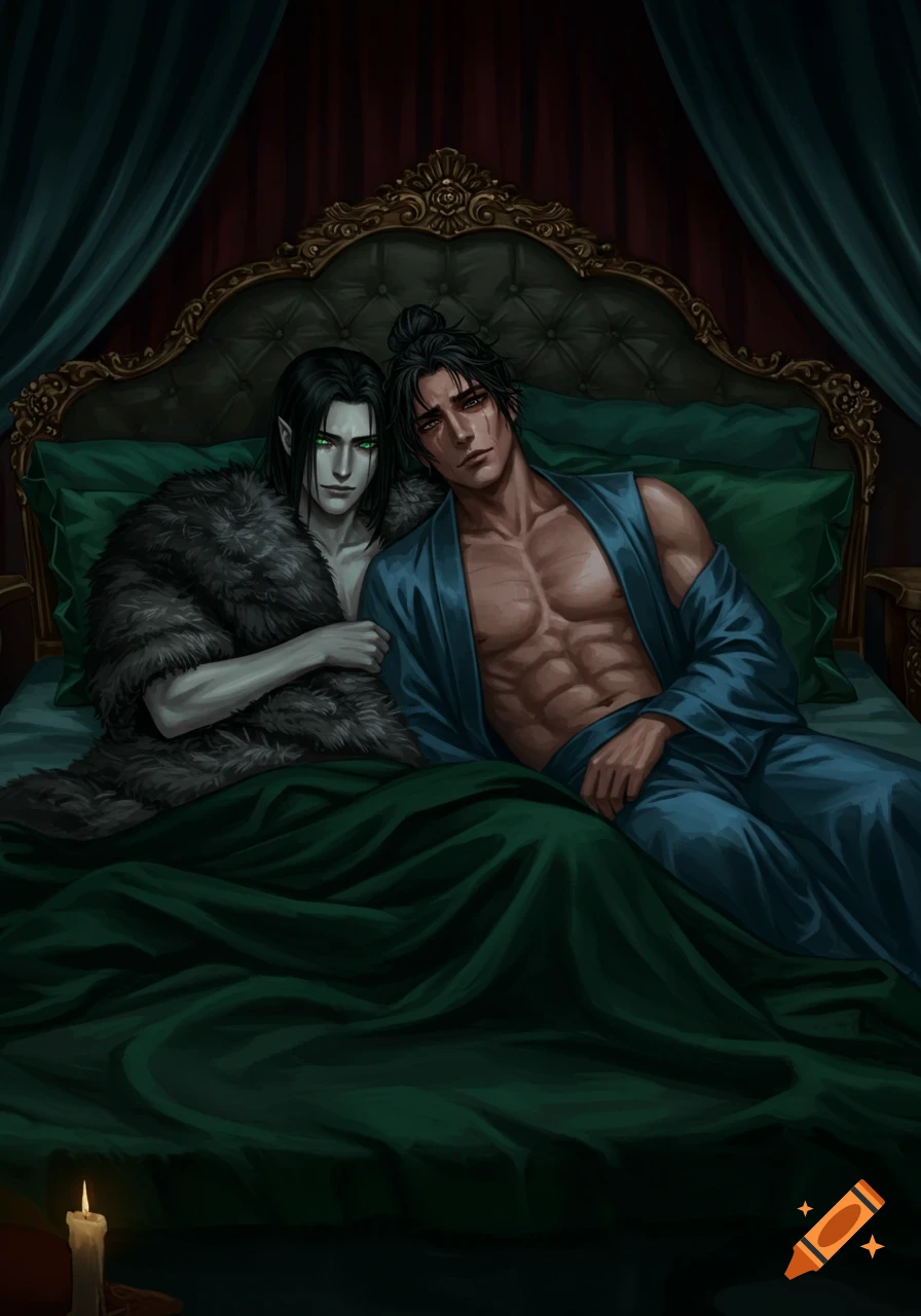 Two men in a fantasy style illustration. One pale, green-eyed man in a fur cloak hugs a muscular man in a blue robe, both laying on a fancy bed.