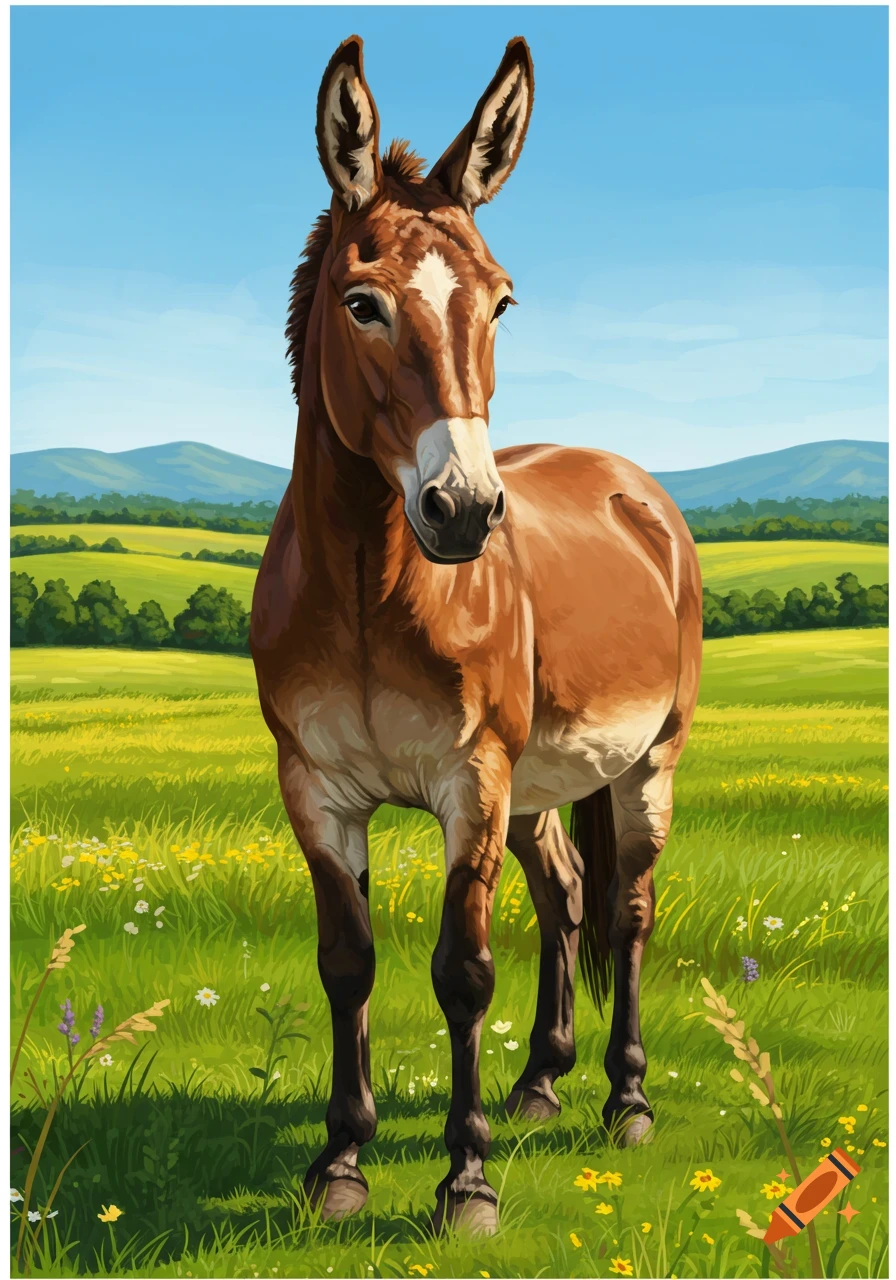 A brown mule with a white blaze stands in a vibrant green meadow under a clear blue sky with hills in the background, in an illustrative style.