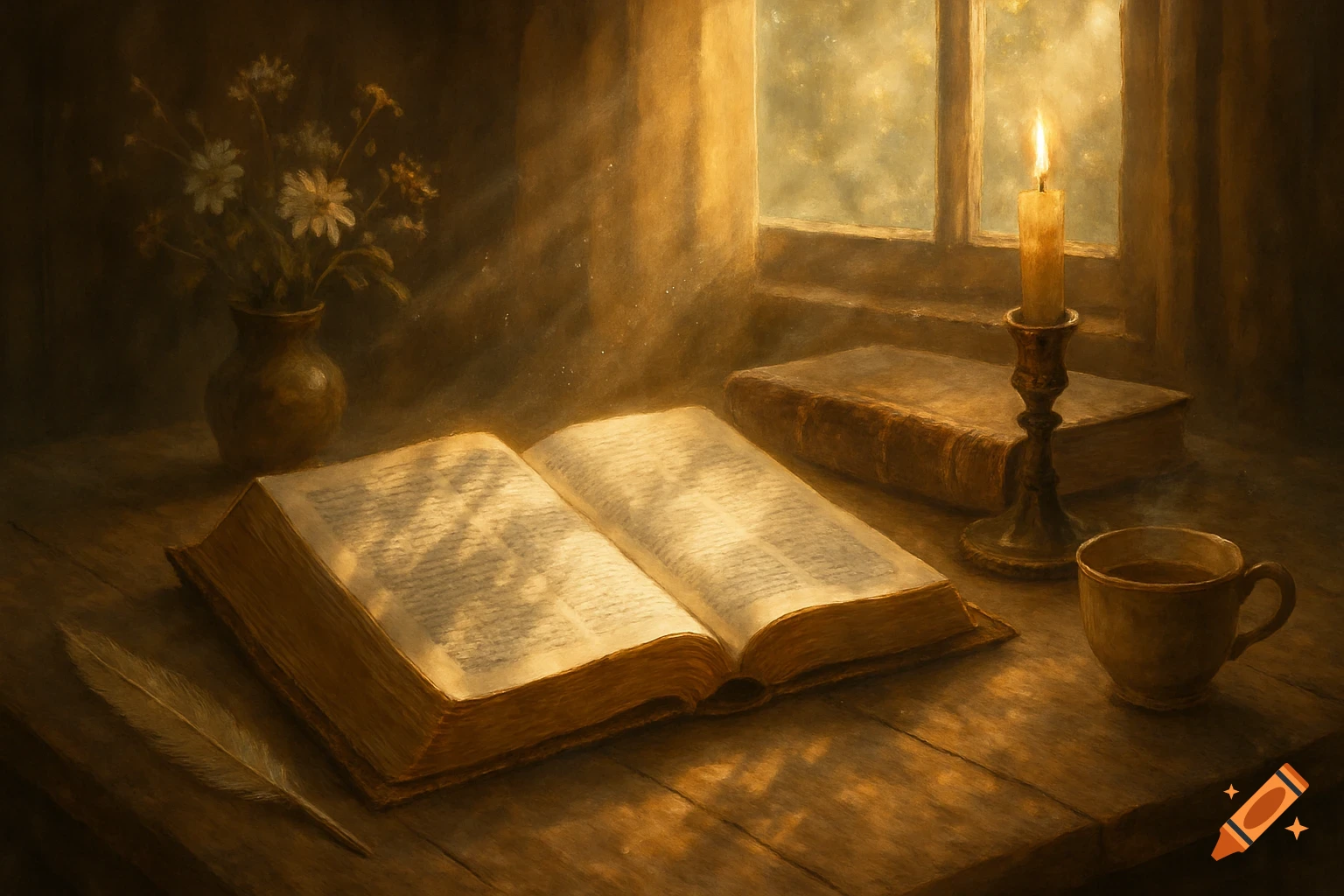 A painterly still life depicts an open book on a wooden table, illuminated by a glowing candle and sunlight through a window. A feather, vase of flowers, and a teacup are also present.