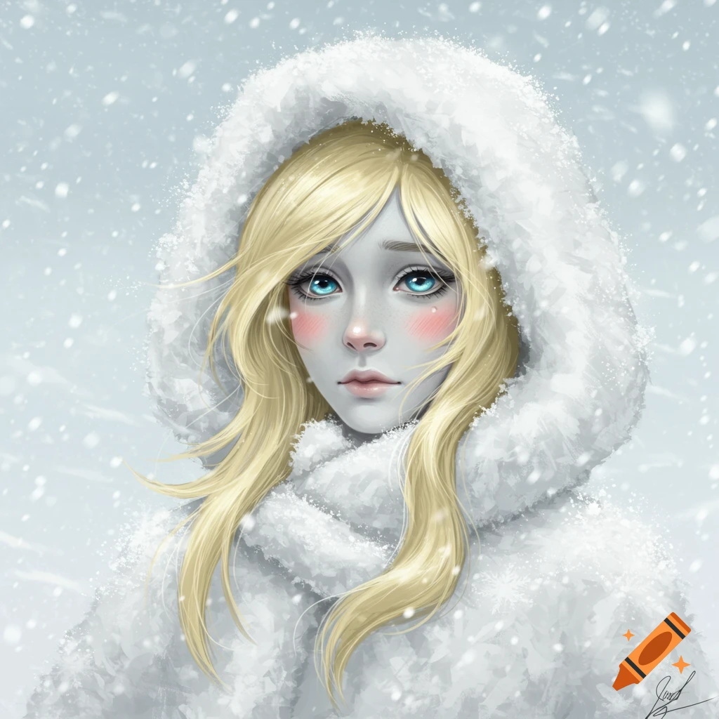 Digital painting of a blonde woman with blue eyes and rosy cheeks wearing a white fluffy winter coat in falling snow.
