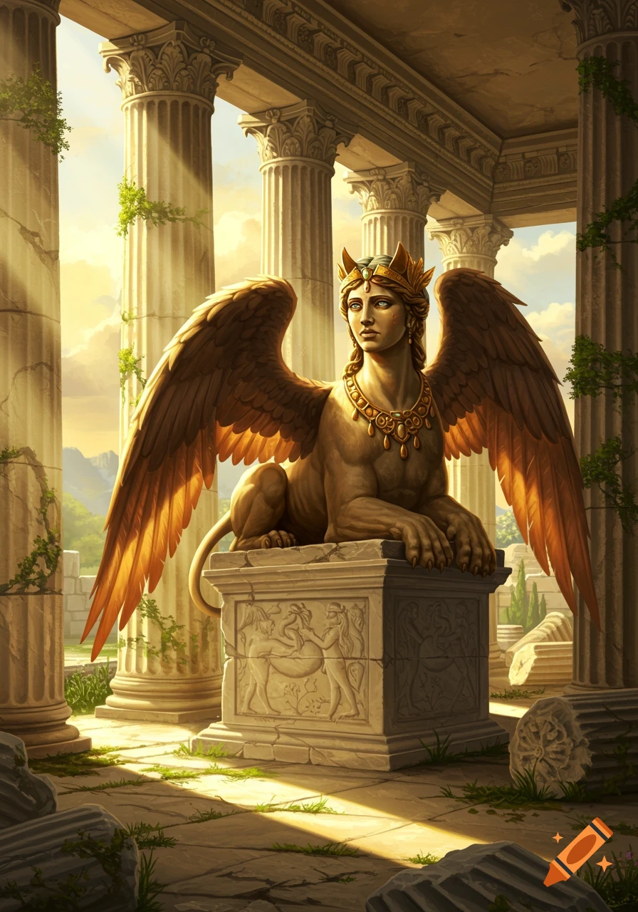 A regal winged sphinx statue with a woman's head and lion's body, seated on a pedestal amidst ancient Greek ruins bathed in golden sunlight.