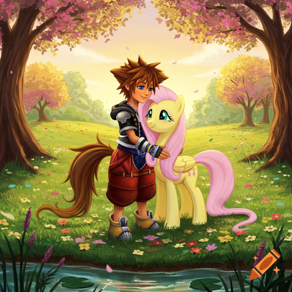 Sora from Kingdom Hearts cuddles Fluttershy from My Little Pony in a vibrant, flowery spring meadow.