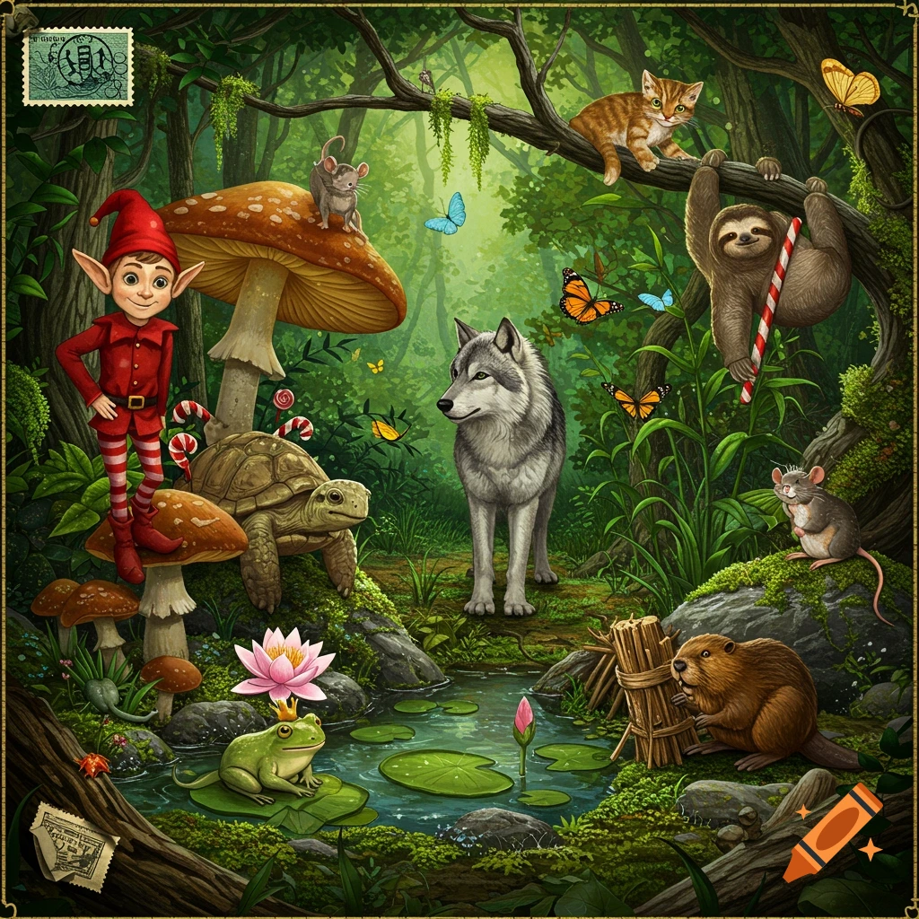 An elf, wolf, turtle, sloth, kitten, beaver, and crowned frog in a whimsical forest with mushrooms, butterflies, and a pond.