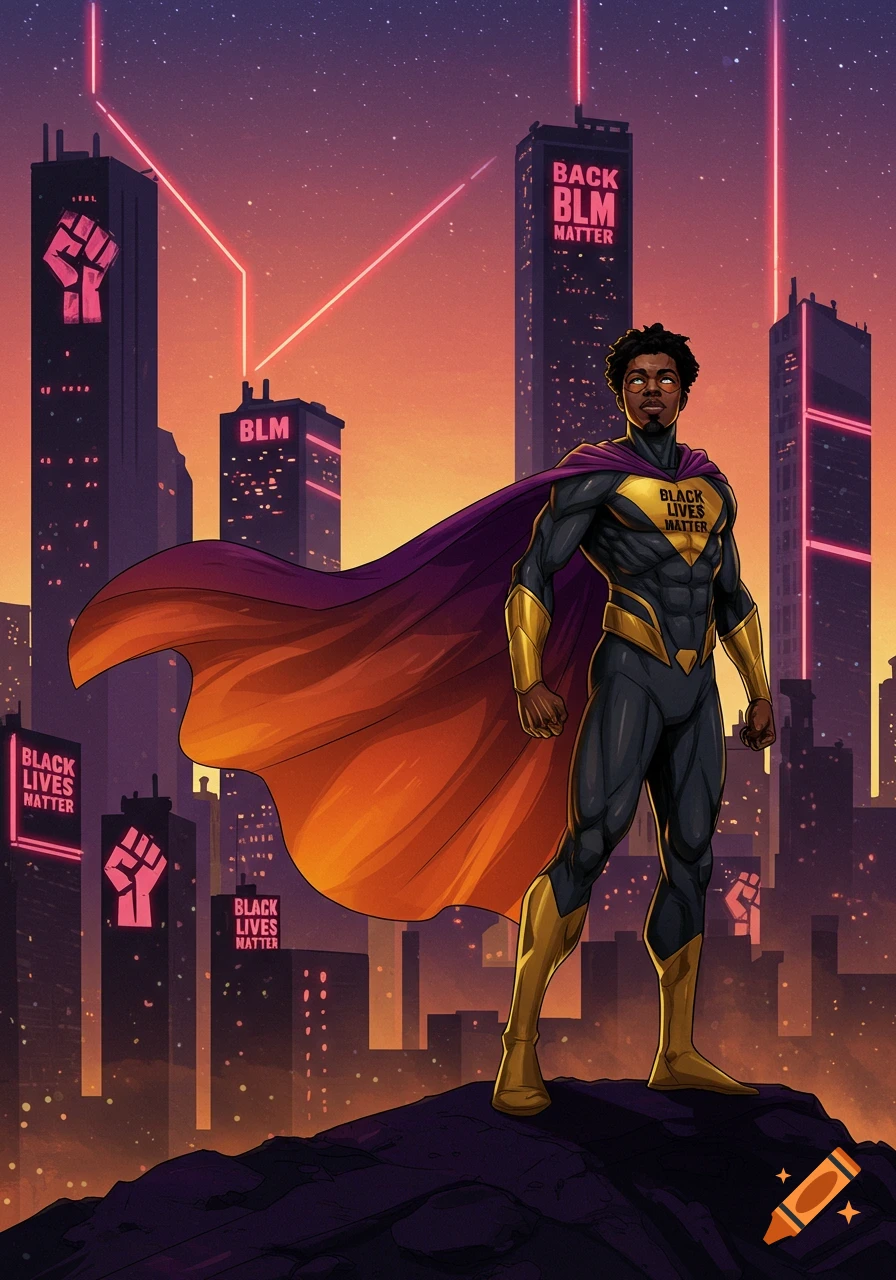 A Black superhero in a purple and orange cape stands on a rock overlooking a futuristic cityscape with "Black Lives Matter" signs and a raised fist symbol on buildings, under a starry, gradient sky.