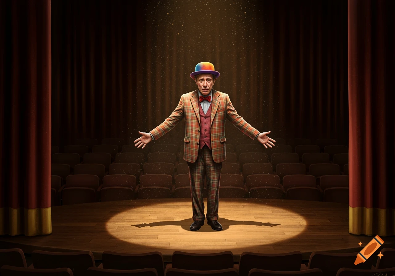 A somber man in a plaid suit and colorful hat stands in a spotlight on an empty theater stage with outstretched arms.