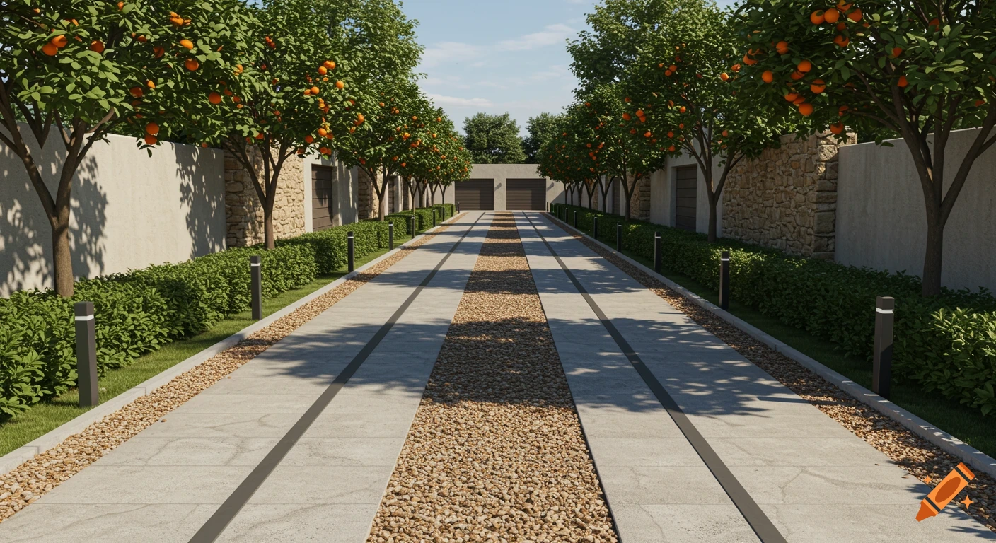A long, symmetrical garden alley with orange trees, hedges, and walls leading to garage doors.