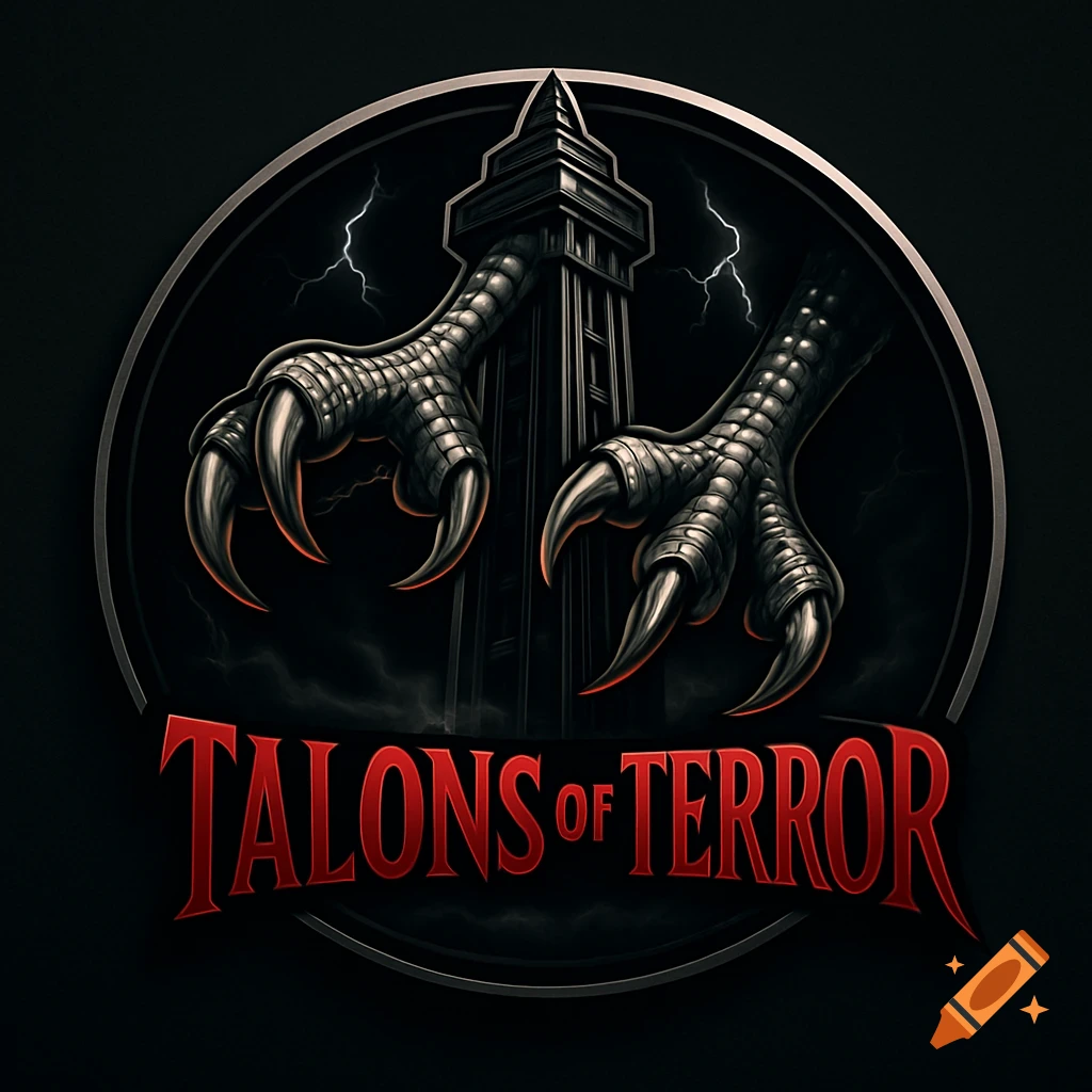 A dark, stylized logo featuring large, scaly talons gripping a menacing tower, with lightning in the background and red text 'TALONS OF TERROR'.