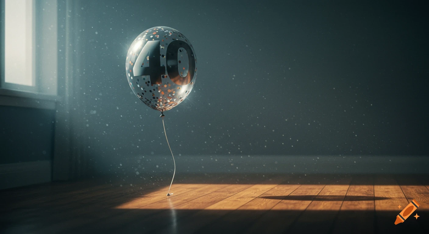 A transparent balloon with "40" and confetti inside, illuminated by a sunbeam through a window in a dimly lit room with a wooden floor.