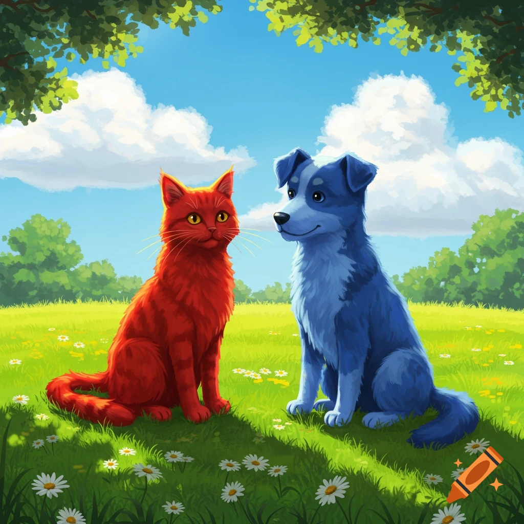 A red cat and a blue dog sit in a green grassy field with white daisies under a blue sky with clouds, in an illustrative style.