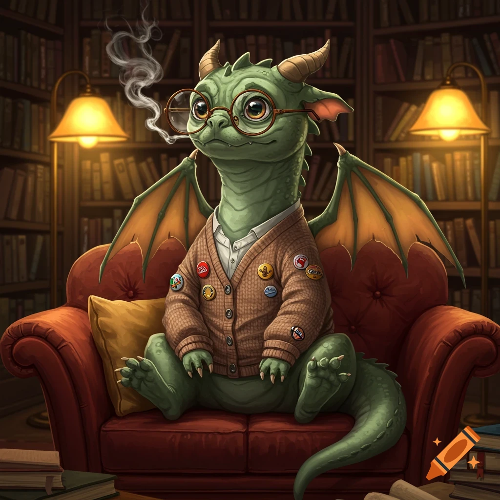 A cute green dragon wearing glasses and a cardigan sits on a red couch in a cozy library, smoke rising from its mouth.