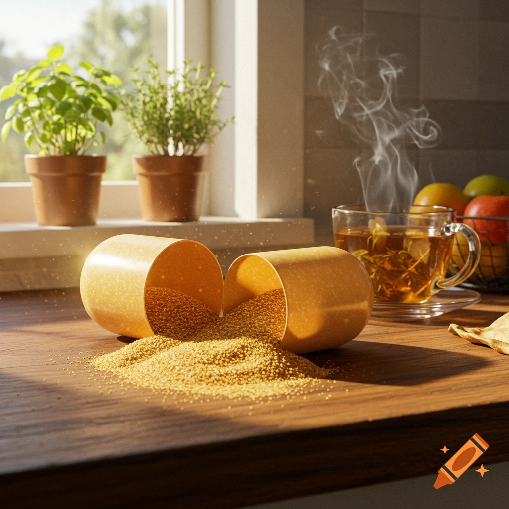 Photorealistic: Orange granular material spilled from a container onto a sunlit kitchen counter, with a steaming tea cup, plants, and fruit.