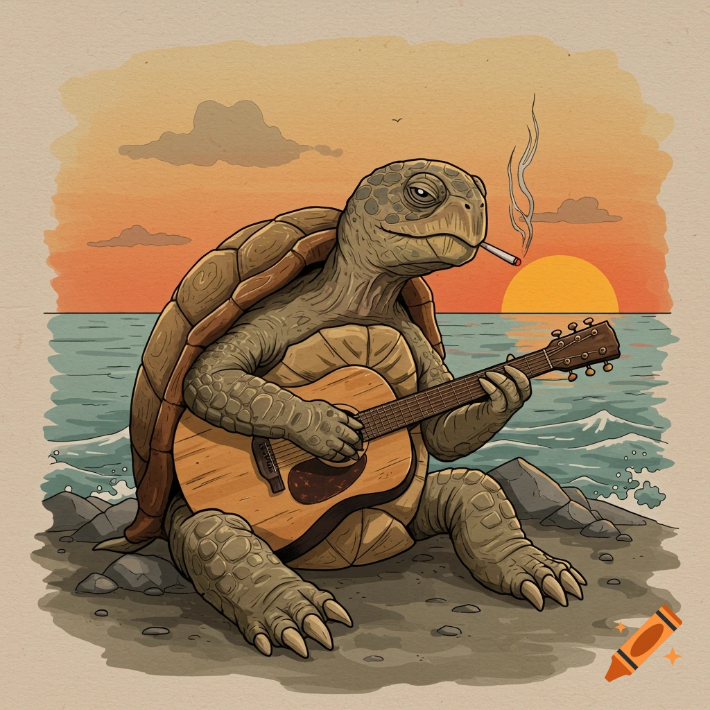 A turtle plays guitar and smokes a cigarette on a beach at sunset, in American Traditional tattoo style.