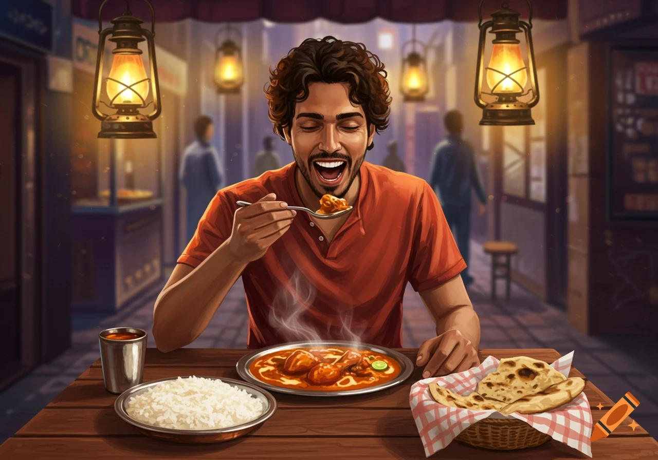 A man with curly hair joyfully eats a meal of chicken curry, rice, and naan bread at a table outdoors, illuminated by lanterns.