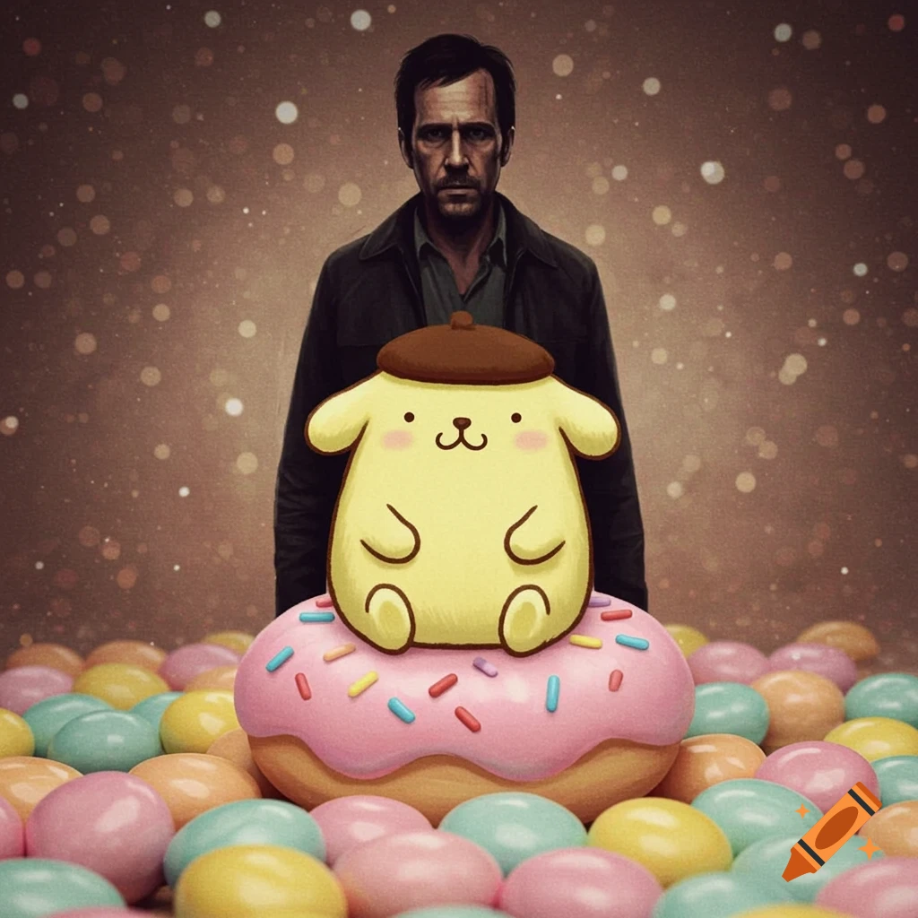 A cartoon Pompompurin on a pink donut, with a serious man behind him, surrounded by colorful sweets.