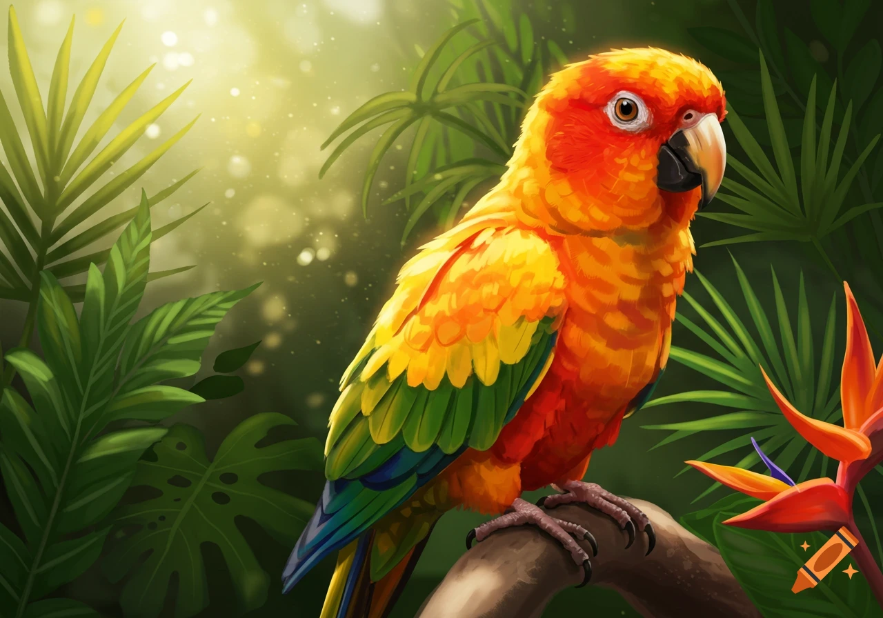 A vibrant, colorful sun conure parrot perches on a branch in a lush, sunlit jungle.