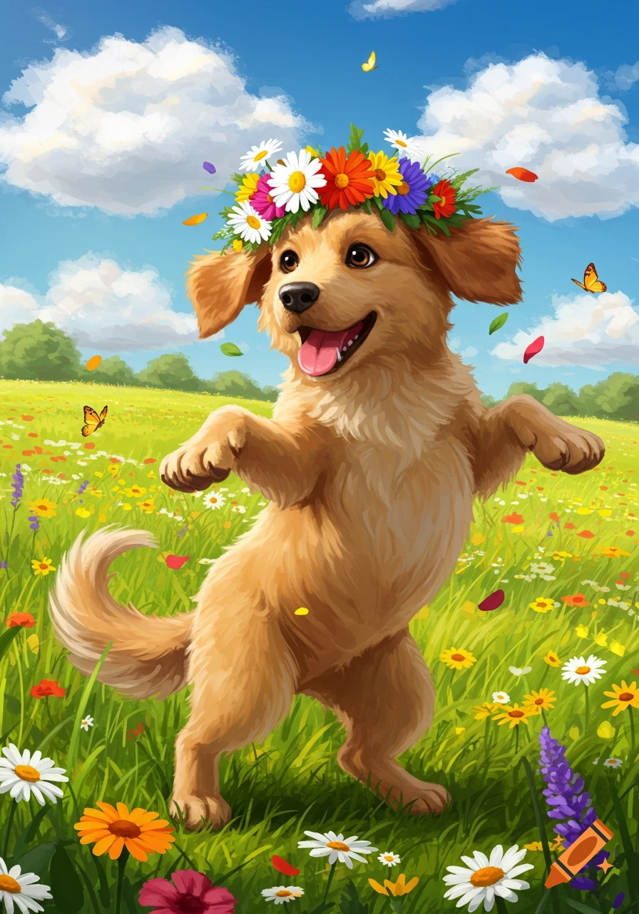 A happy golden retriever-like dog wearing a colorful flower crown stands in a field of wildflowers under a blue sky.