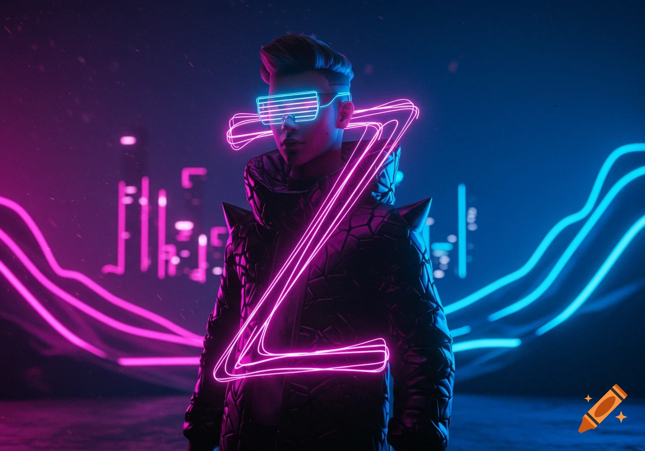 A cyberpunk character with neon blue visor glasses and a glowing pink Z symbol stands against a dark, neon-lit futuristic city backdrop.
