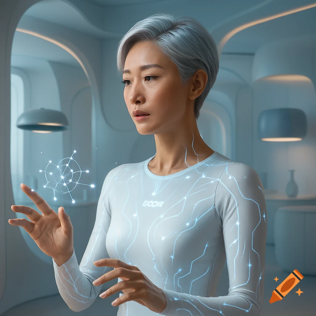 A futuristic Korean woman with short platinum hair, wearing a white bio-suit with glowing circuits, interacting with a floating neural interface in an AI smart home.