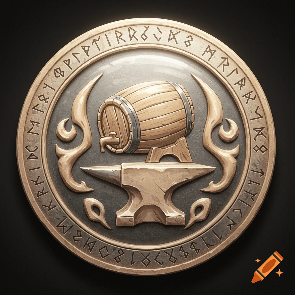 An ornate circular emblem featuring a wooden barrel on a stand above a golden anvil, surrounded by ancient runes.