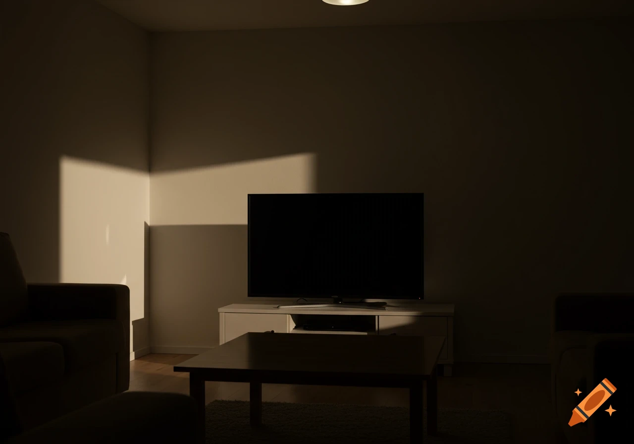 A dark living room with a large, black-screen TV on a white stand, bathed in a rectangular patch of sunlight on the wall.