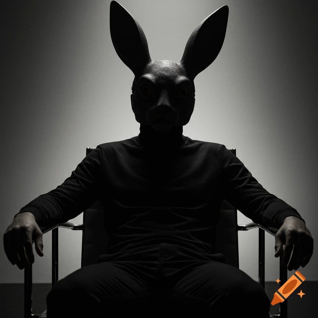 A person in a dark bunny mask and all black clothing sits in a chair in a stark, cinematic black and white image.