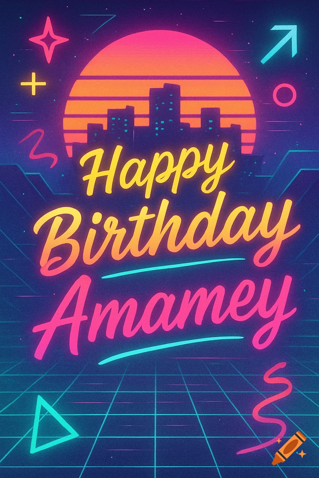 Happy Birthday Amamey message in vibrant neon retro style with cityscape silhouette and grid background.