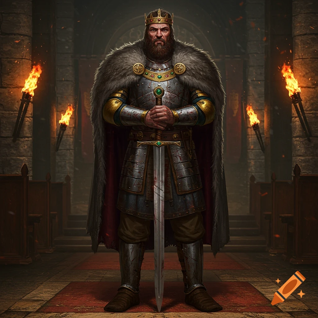 A powerful king in ornate armor and fur cloak stands with a sword in a dimly lit stone hall with flaming torches.